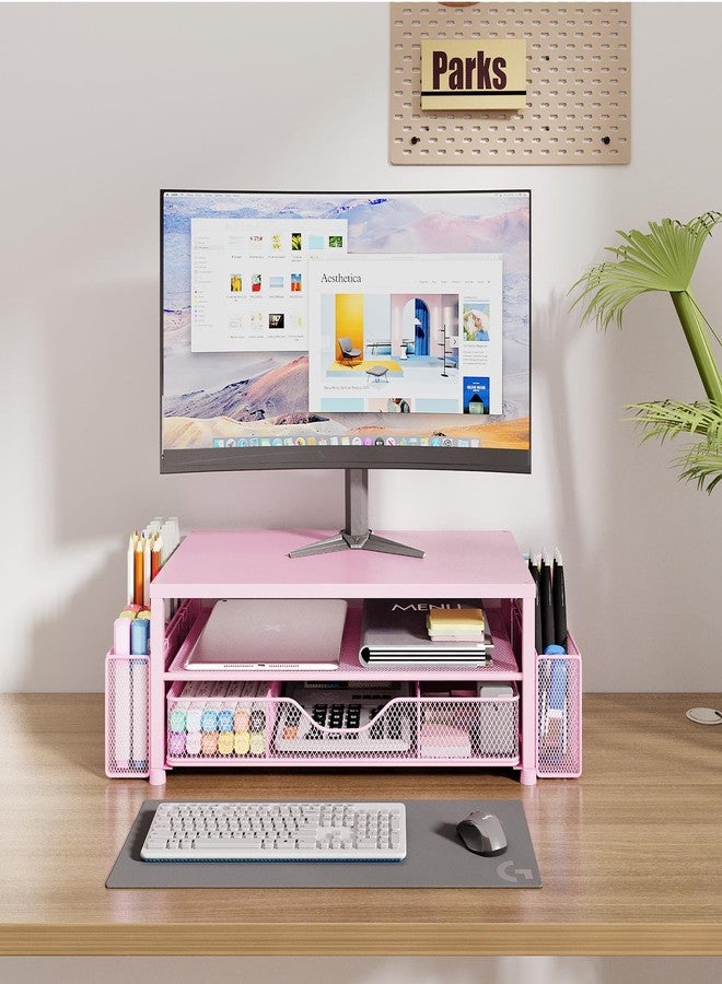 OPNICE Desk Organizers and Accessories, 2-Tier Computer Monitor Stand Riser with Drawer and 2 Pen Holders, Laptop Stand, Office Desk Accessories & Office Decor for Women, Pink - Image 2